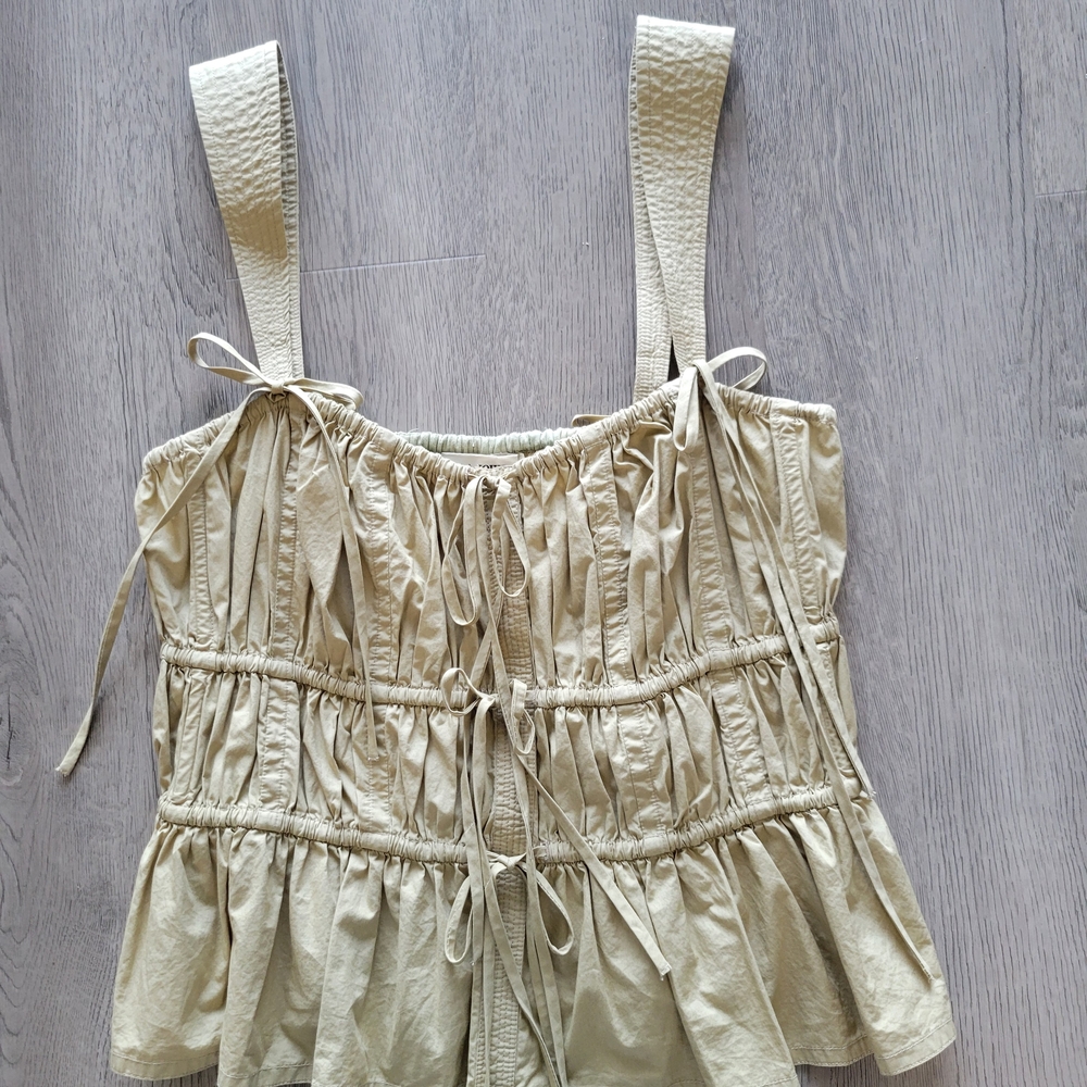 ULLA JOHNSON Lulu Beige Smocked Ruched Ruffle Tie Peplum Top Sz 6 Revolve Khaki - Picture 7 of 9